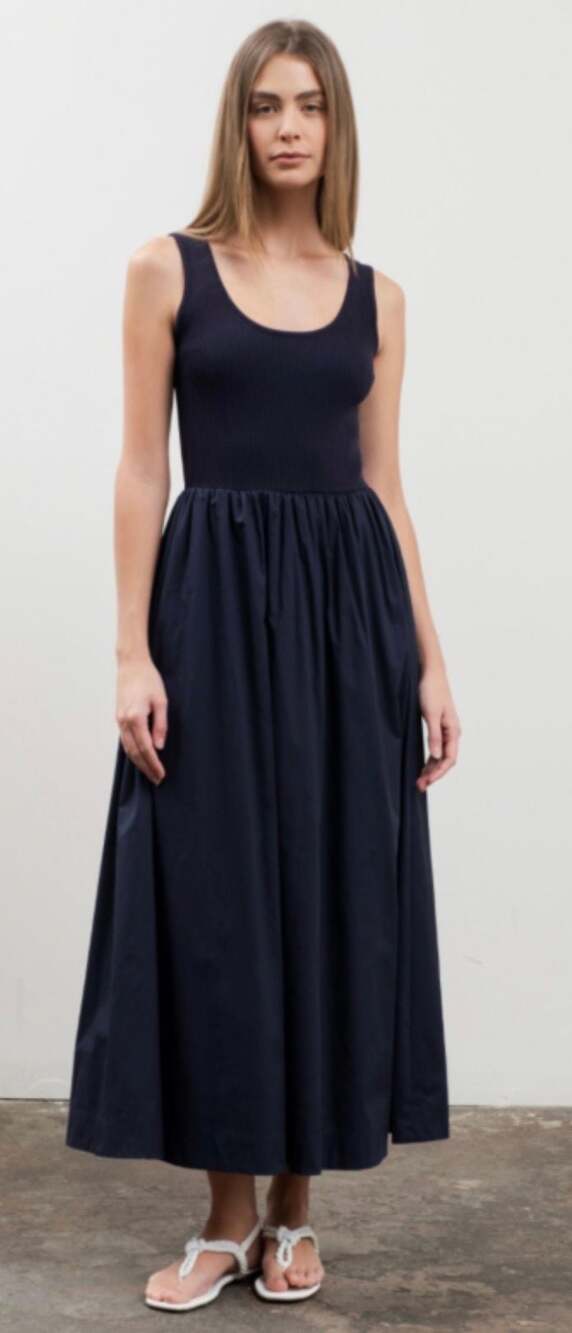 Moon River Sleeveless Ribbed Sweater Top Mixed Media Midi Dress